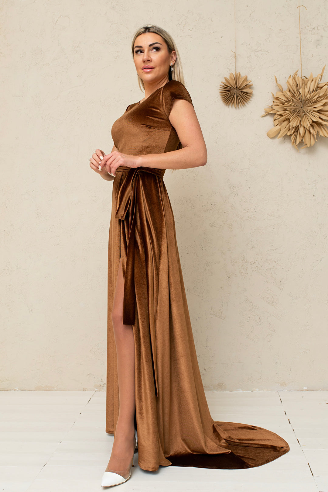 Velvet Cup Sleeve Gown – Elegant Maxi Dress for Special Occasions - Balvory