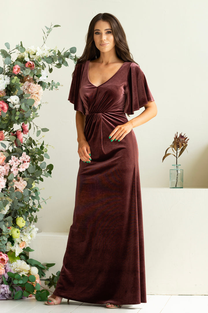 Velvet Draped Flutter Sleeve Maxi Dress - Balvory