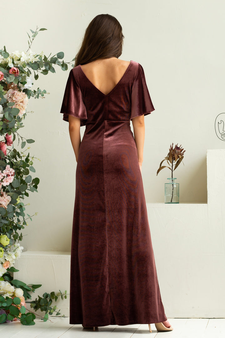 Velvet Draped Flutter Sleeve Maxi Dress - Balvory