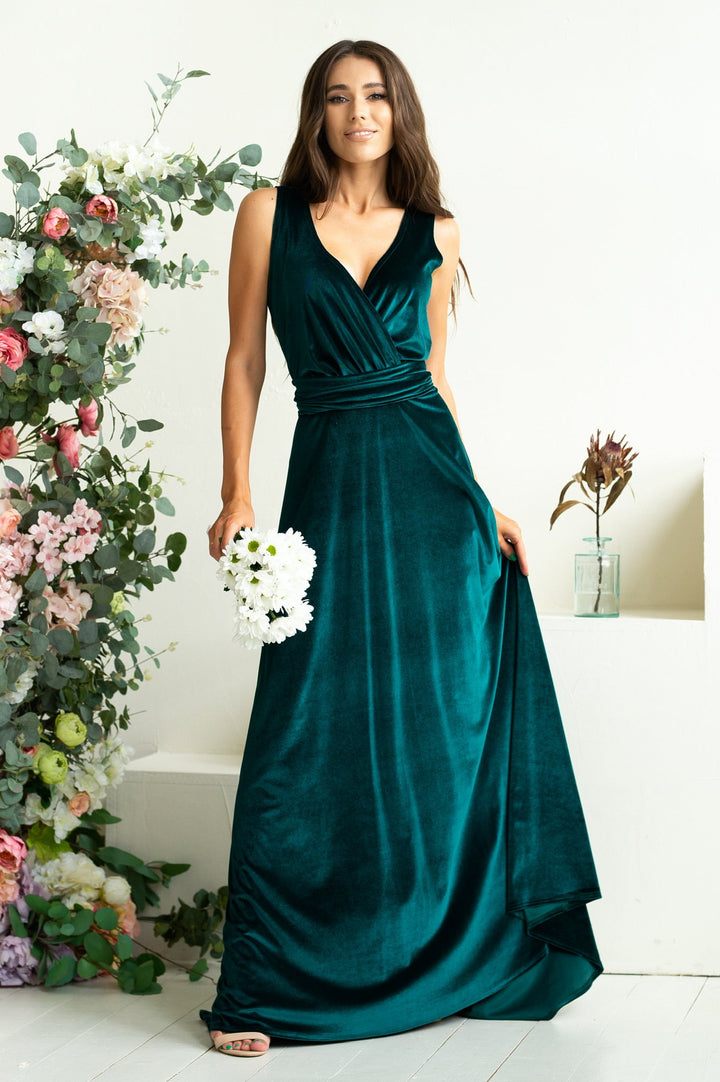 Velvet Elegance Bridesmaid Gown with Lace Back and Flowing Train - Balvory