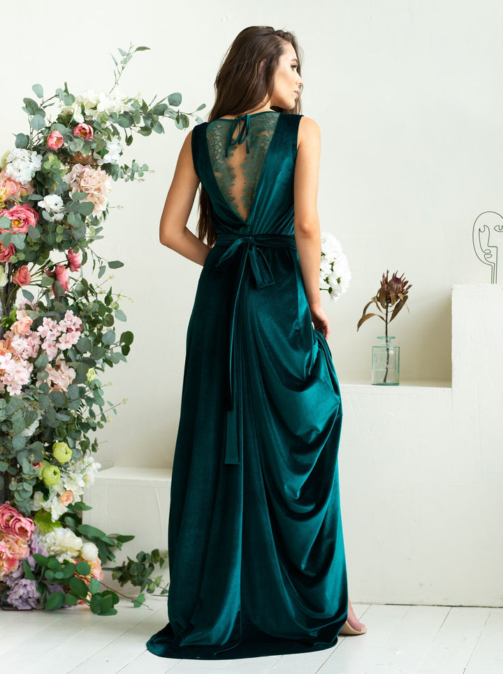 Velvet Elegance Bridesmaid Gown with Lace Back and Flowing Train - Balvory