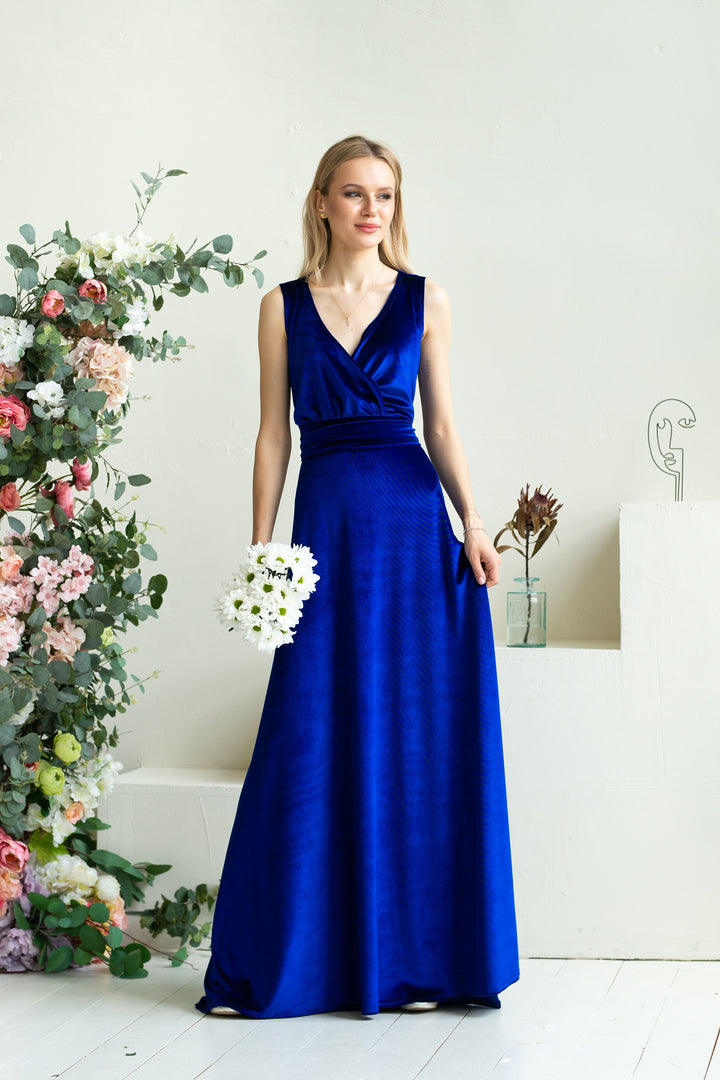 Velvet Elegance Bridesmaid Gown with Lace Back and Flowing Train - Balvory