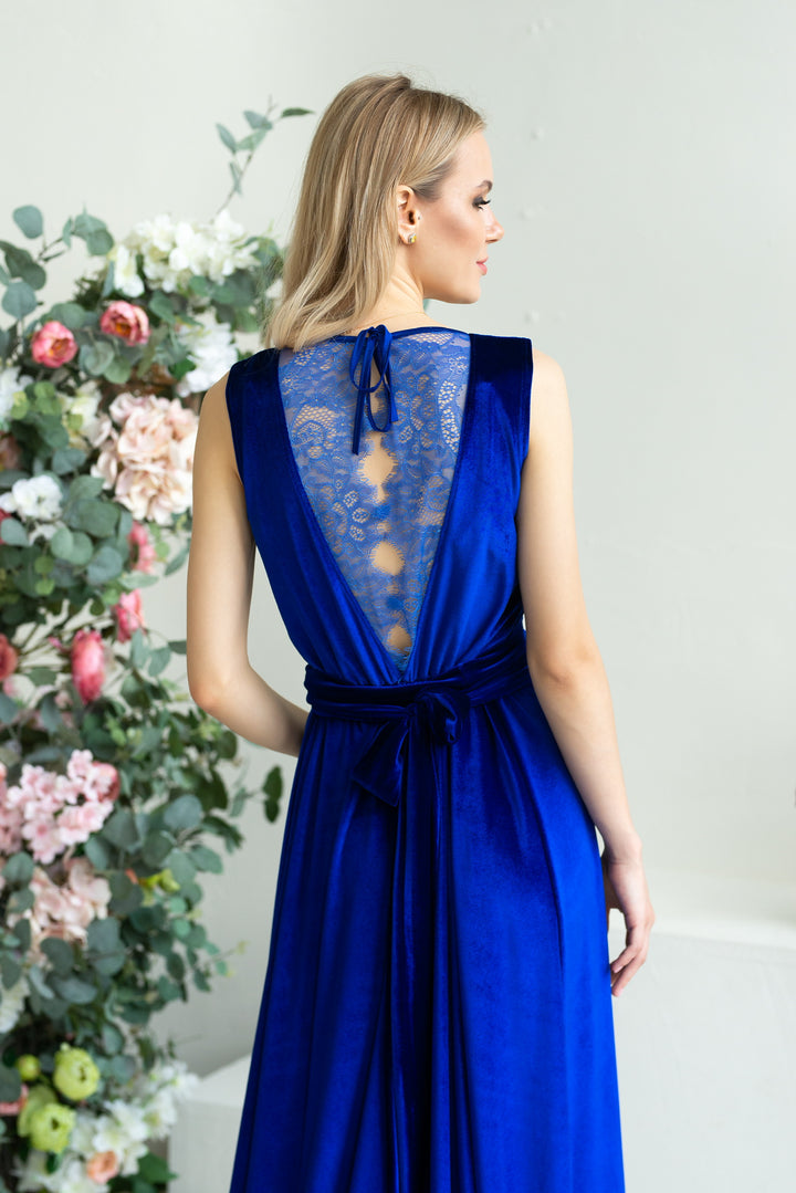 Velvet Elegance Bridesmaid Gown with Lace Back and Flowing Train - Balvory