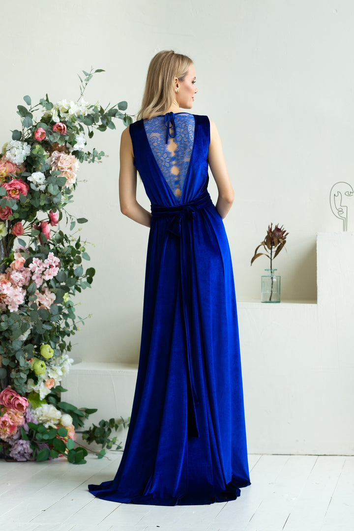 Velvet Elegance Bridesmaid Gown with Lace Back and Flowing Train - Balvory