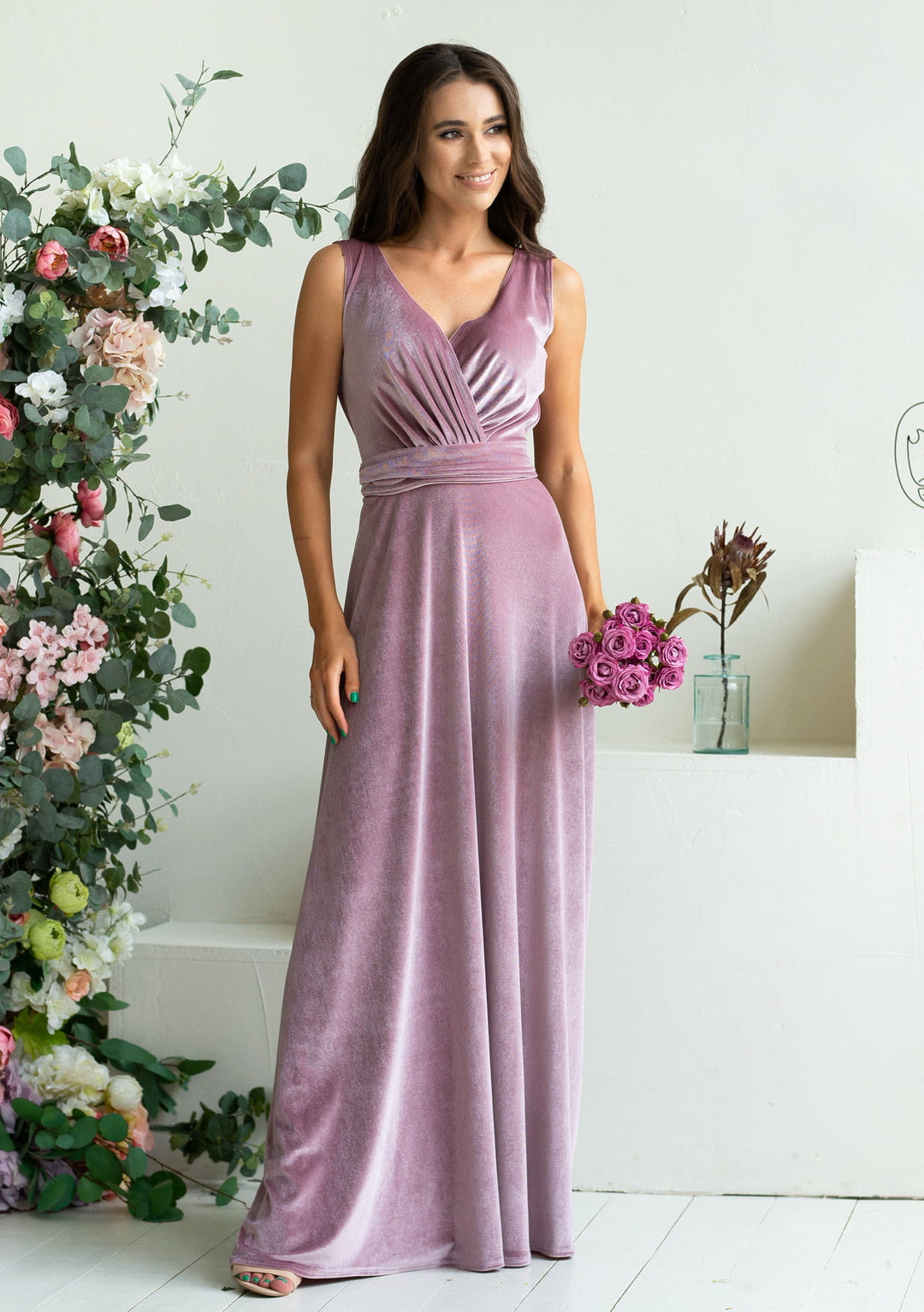 Velvet Elegance Bridesmaid Gown with Lace Back and Flowing Train - Balvory