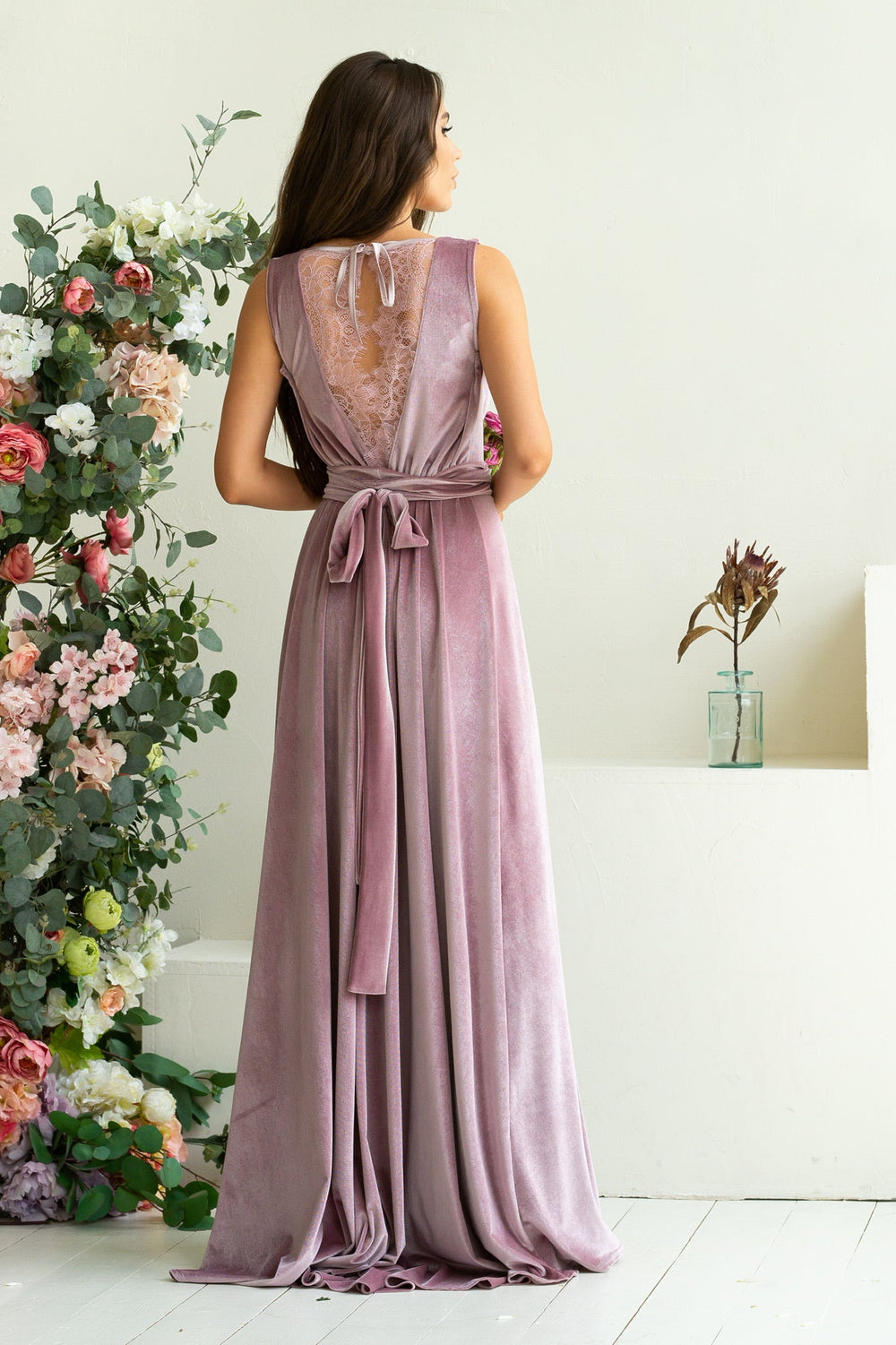 Velvet Elegance Bridesmaid Gown with Lace Back and Flowing Train - Balvory