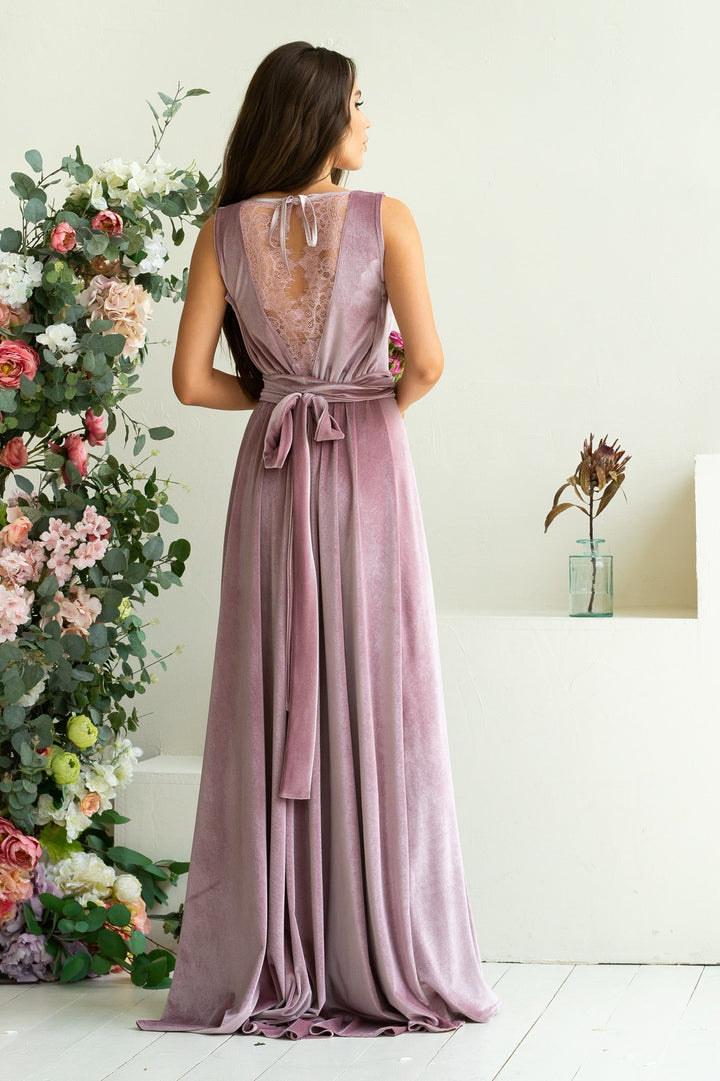 Velvet Elegance Bridesmaid Gown with Lace Back and Flowing Train - Balvory