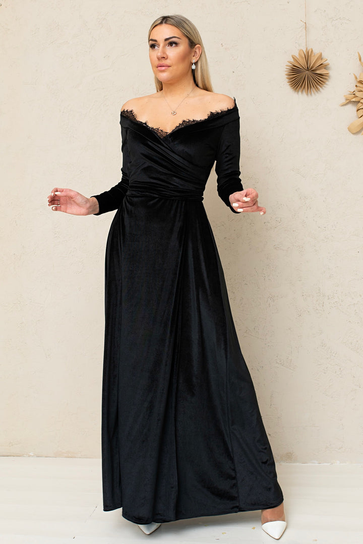 Velvet Lace Bridesmaid Gown – Elegant Formal Dress with Lace Back - Balvory