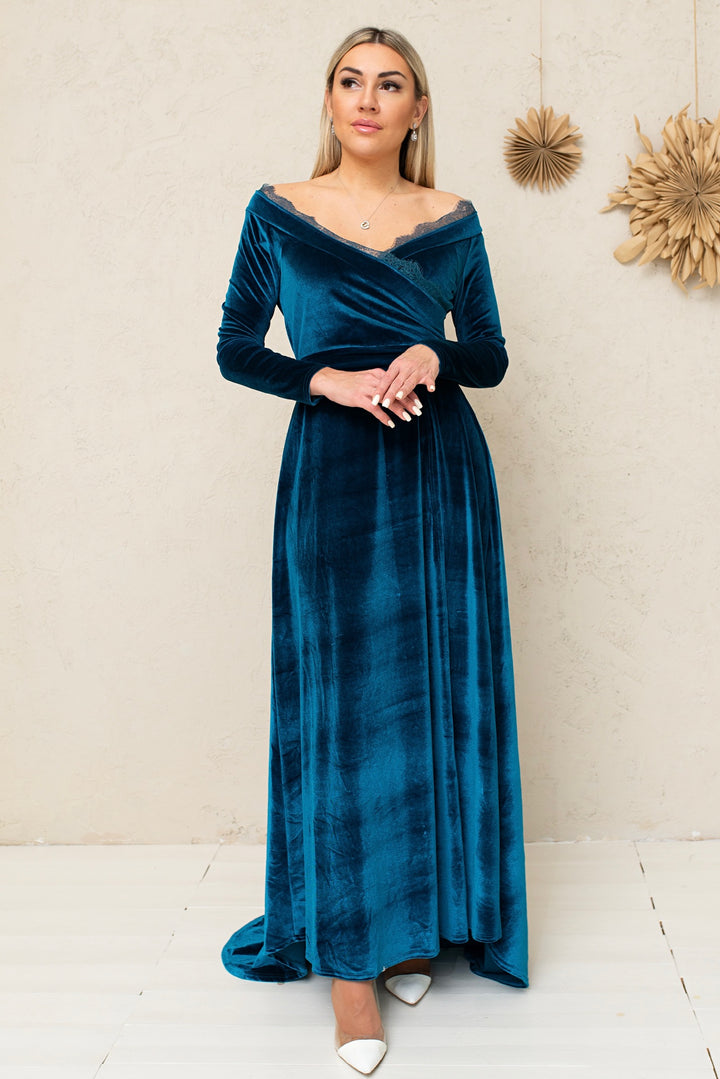 Velvet Lace Bridesmaid Gown – Elegant Formal Dress with Lace Back - Balvory