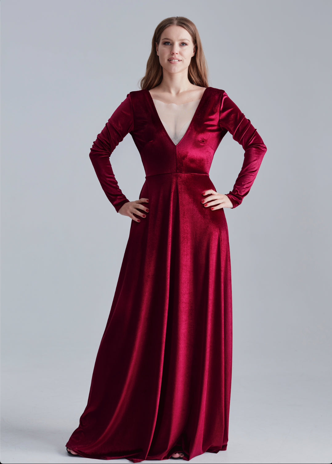Velvet Long Sleeve Maxi Dress With Front Illusion Mesh - Balvory