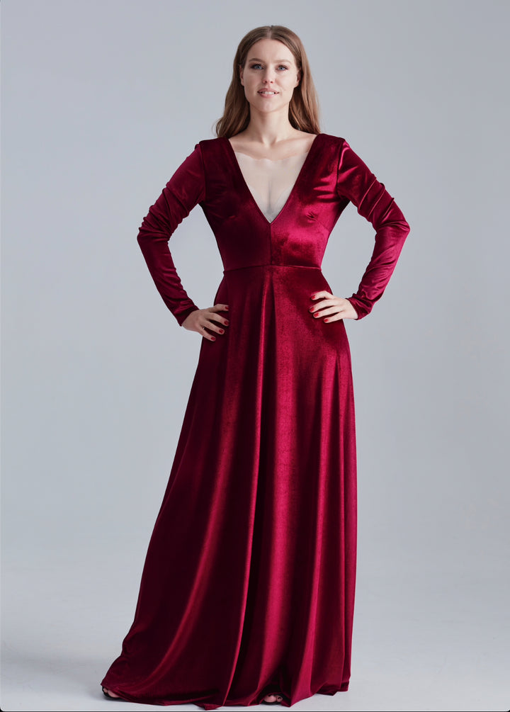 Velvet Long Sleeve Maxi Dress With Front Illusion Mesh - Balvory