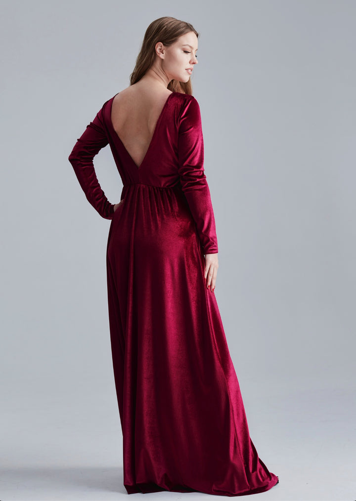 Velvet Long Sleeve Maxi Dress With Front Illusion Mesh - Balvory