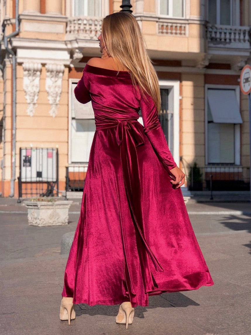 Velvet A-Line Bridesmaid Gown with Pleated Bodice and Open Back - Balvory