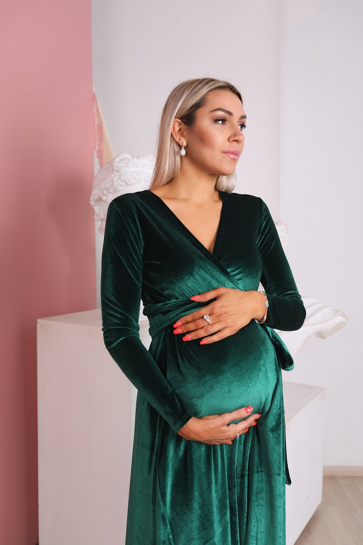 Elegant Velvet Maternity Gown with Train – Maxi Wrap Style - Balvory