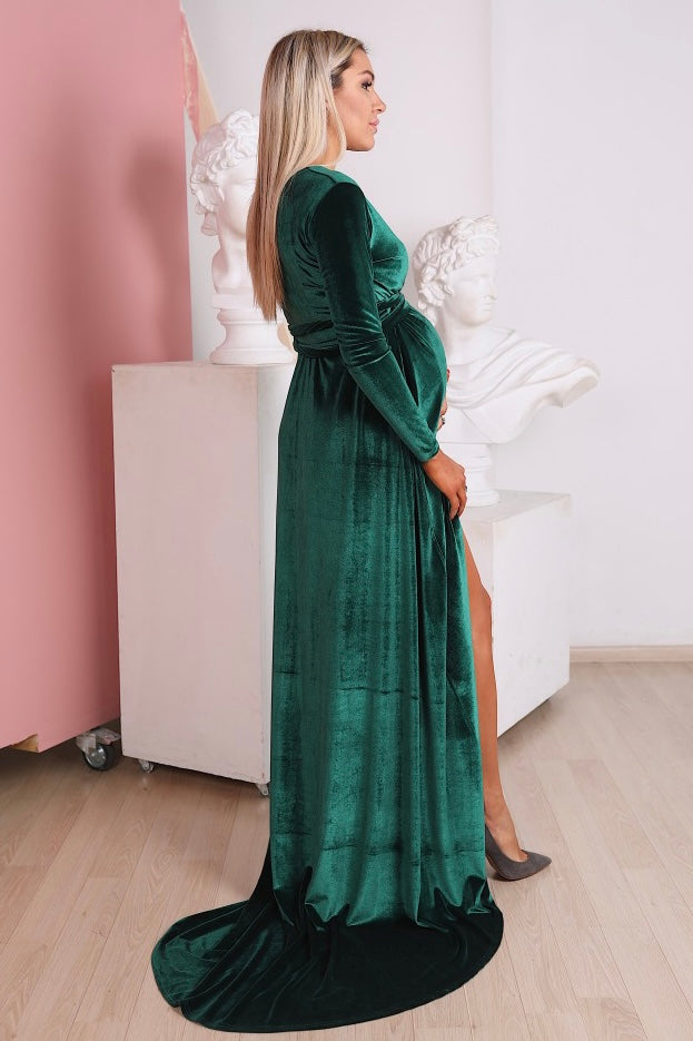Elegant Velvet Maternity Gown with Train – Maxi Wrap Style - Balvory