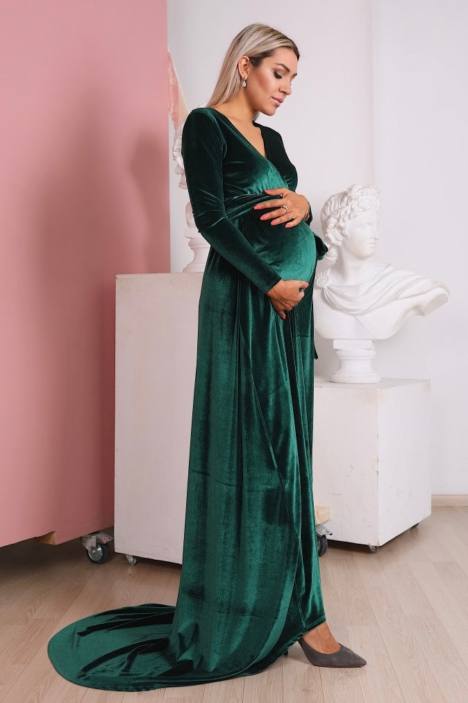Elegant Velvet Maternity Gown with Train – Maxi Wrap Style - Balvory
