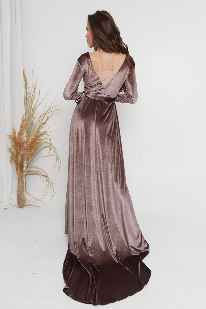 Velvet Wrap Maxi Dress with Mesh Back — Long Sleeve - Balvory
