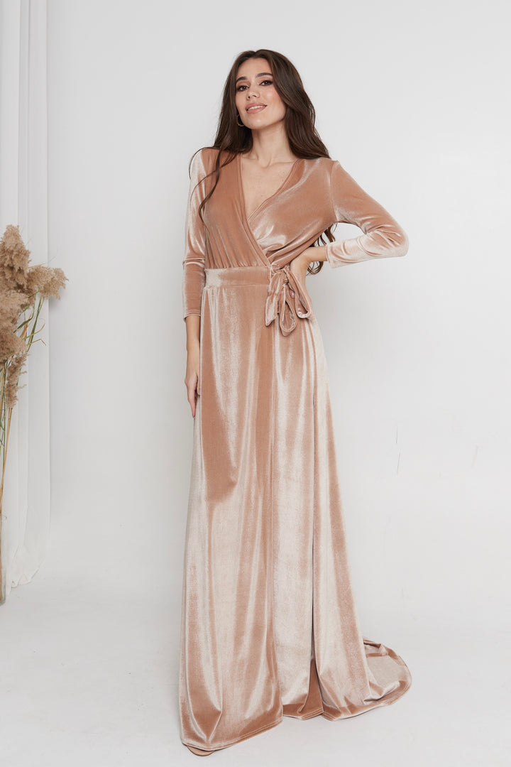 Velvet Wrap Maxi Dress with Mesh Back — Long Sleeve - Balvory
