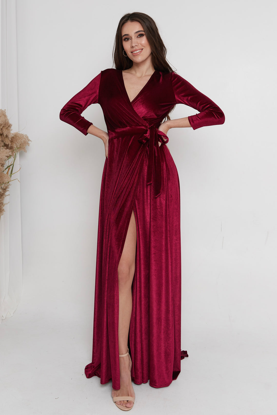 Velvet Wrap Maxi Dress with Mesh Back — Long Sleeve - Balvory