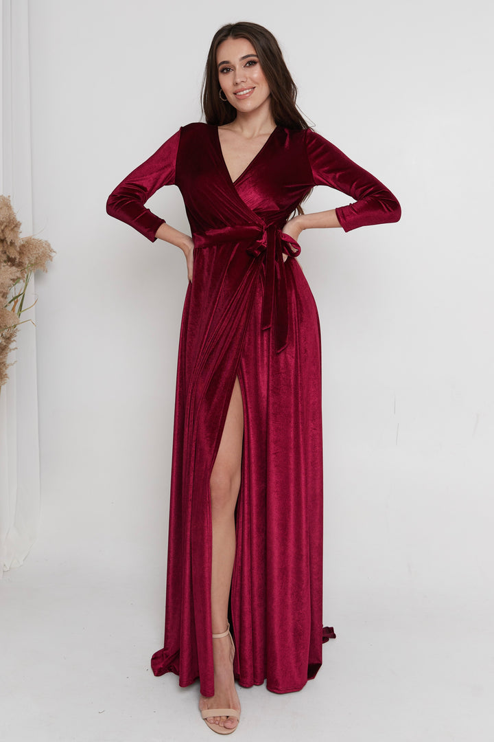 Velvet Wrap Maxi Dress with Mesh Back — Long Sleeve - Balvory
