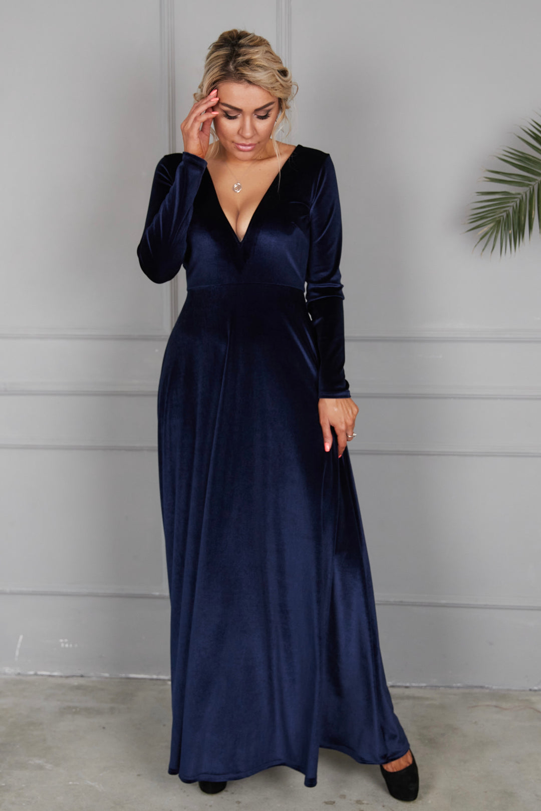 Velvet Long Sleeve Maxi Dress With Front Illusion Mesh - Balvory