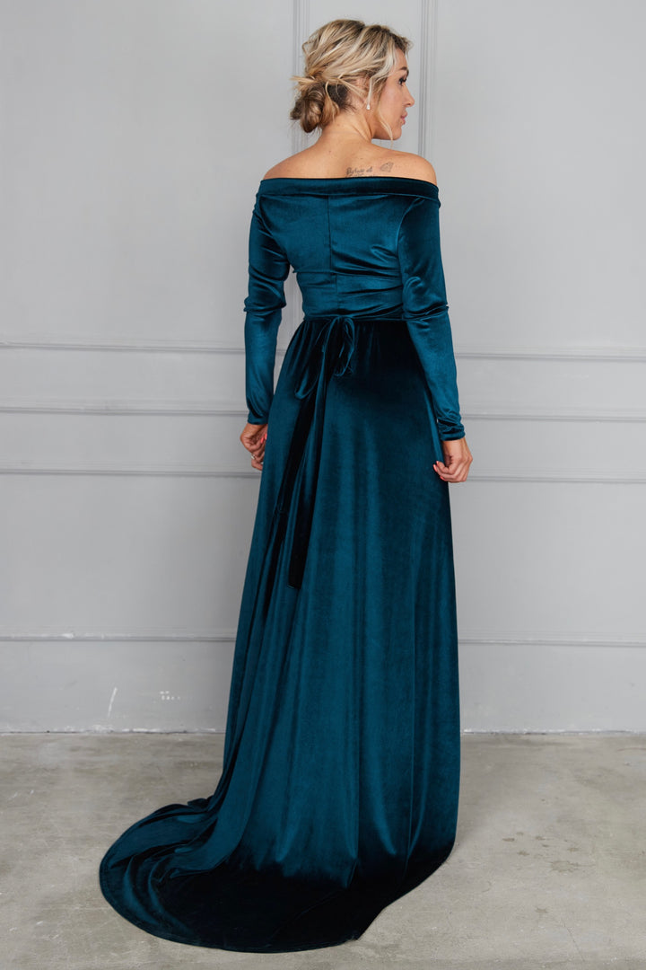 Velvet A-Line Bridesmaid Gown with Pleated Bodice and Open Back - Balvory