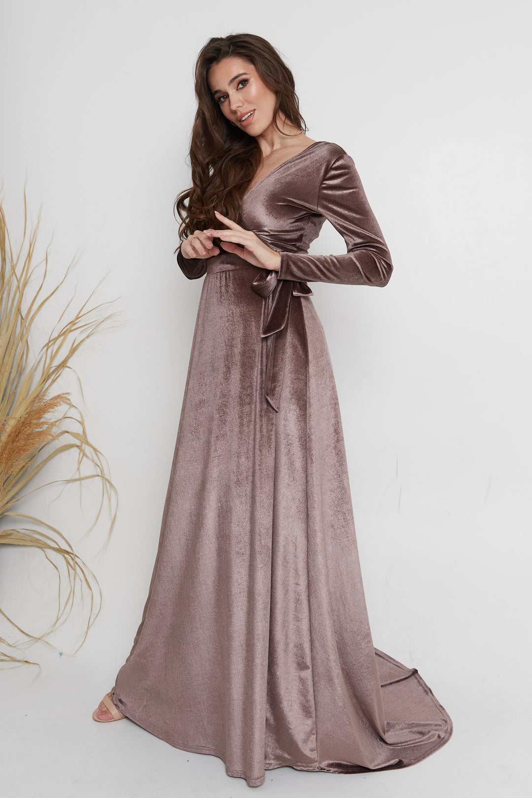 Velvet Wrap Maxi Dress with Mesh Back — Long Sleeve - Balvory
