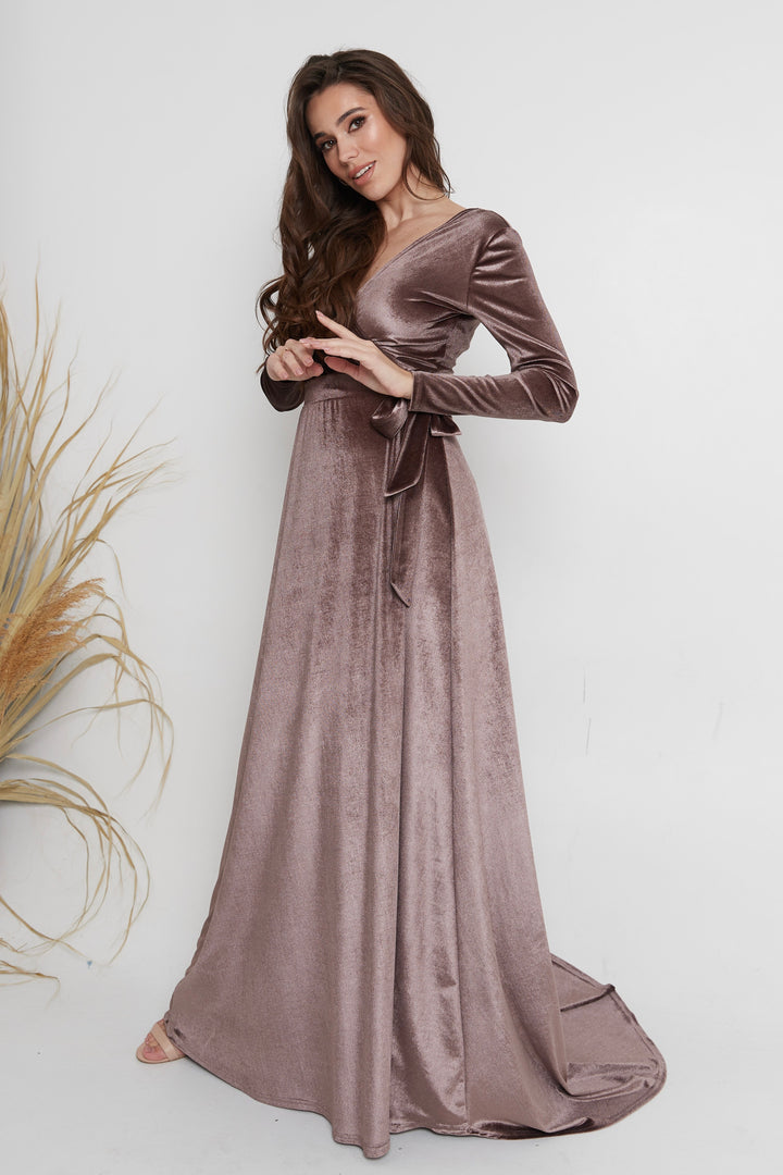 Velvet Wrap Maxi Dress with Mesh Back — Long Sleeve - Balvory