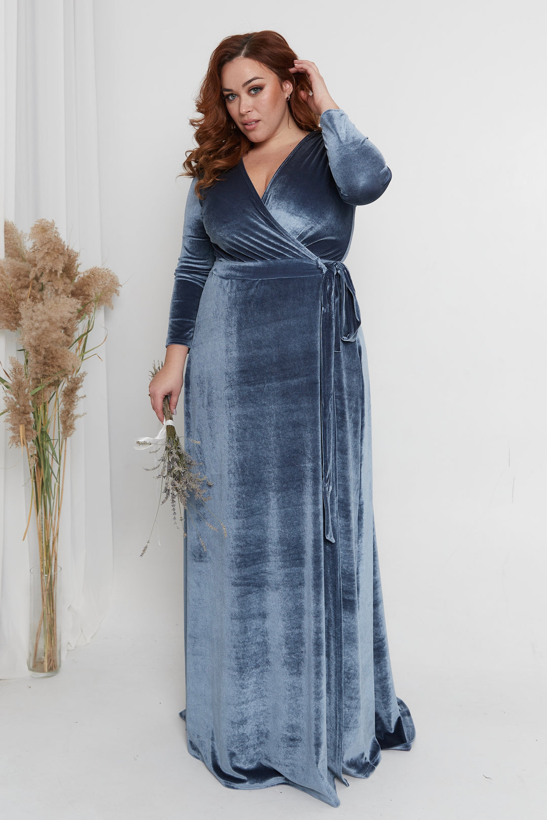 Velvet Wrap Maxi Dress with Mesh Back — Long Sleeve - Balvory