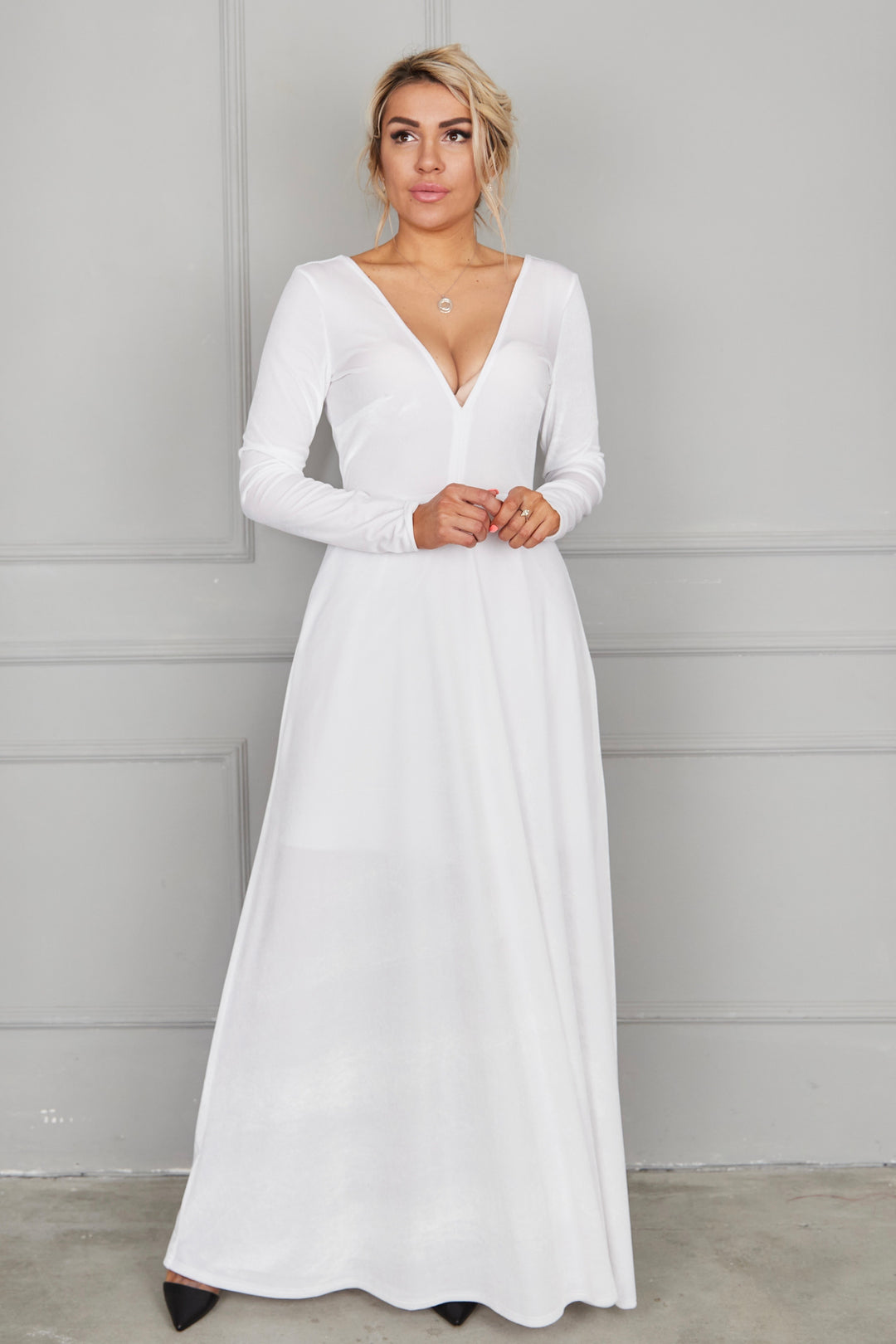 Velvet Long Sleeve Maxi Dress With Front Illusion Mesh - Balvory