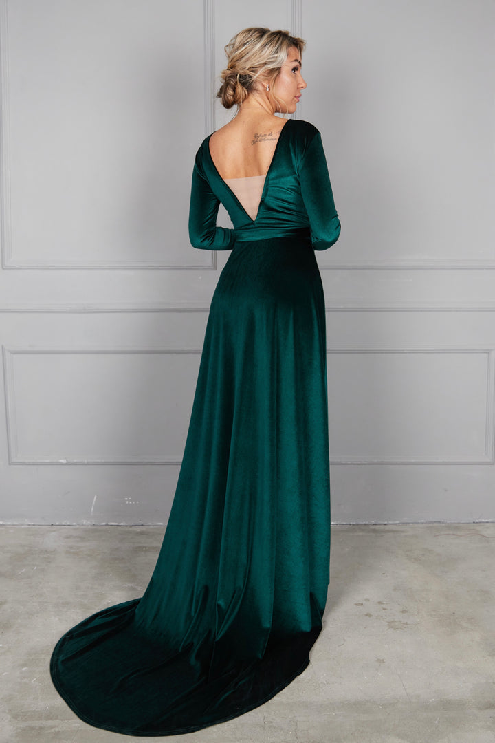 Velvet Wrap Maxi Dress with Mesh Back — Long Sleeve - Balvory
