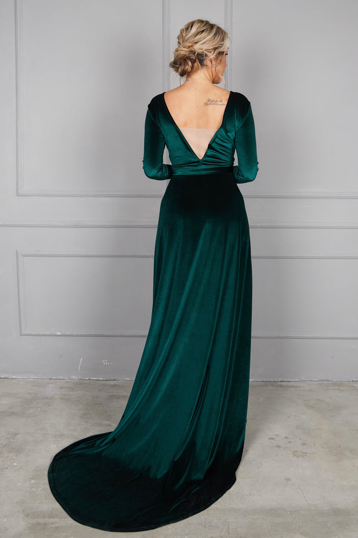 Velvet Wrap Maxi Dress with Mesh Back — Long Sleeve - Balvory