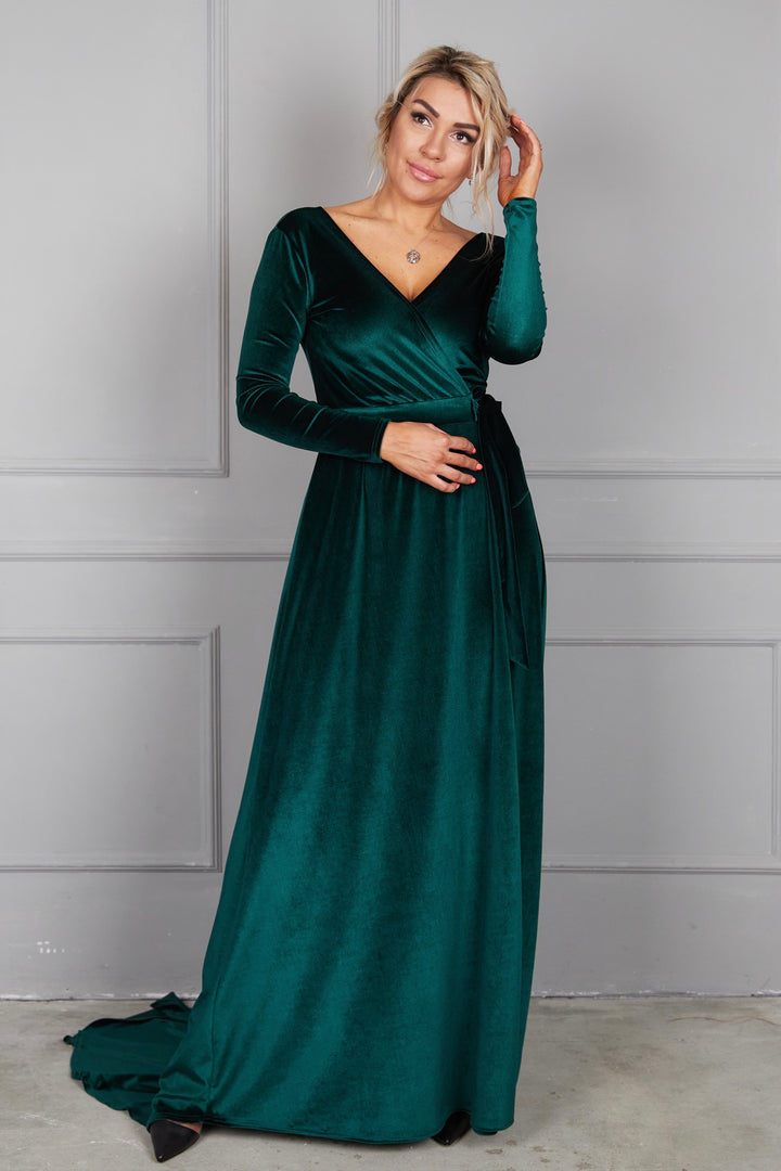 Velvet Wrap Maxi Dress with Mesh Back — Long Sleeve - Balvory