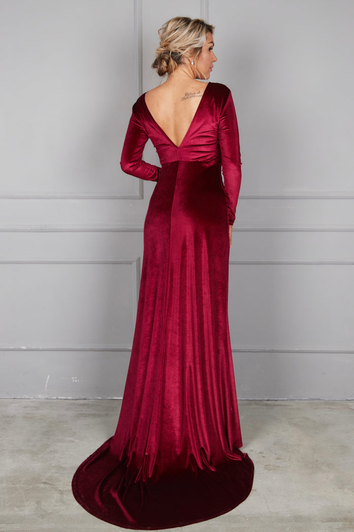 Long-Sleeve Velvet Evening Gown with V-Back & Sweep Train - Balvory