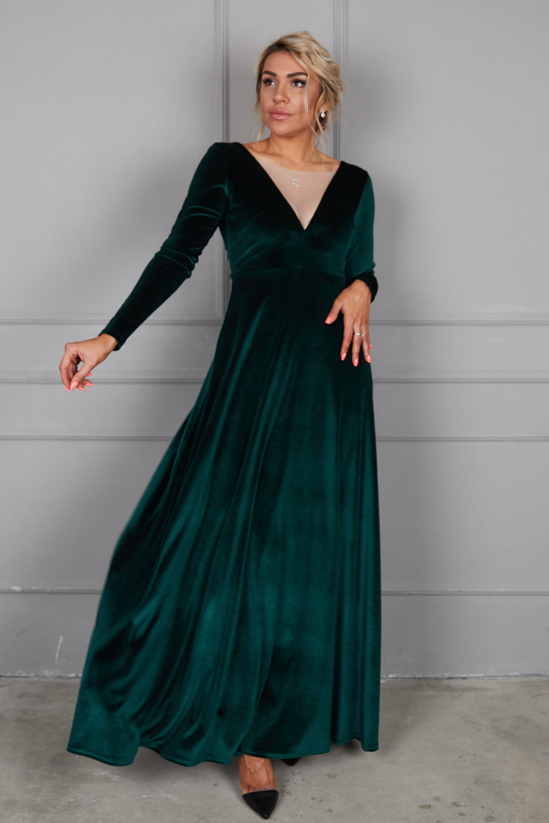 Velvet Long Sleeve Maxi Dress With Front Illusion Mesh - Balvory