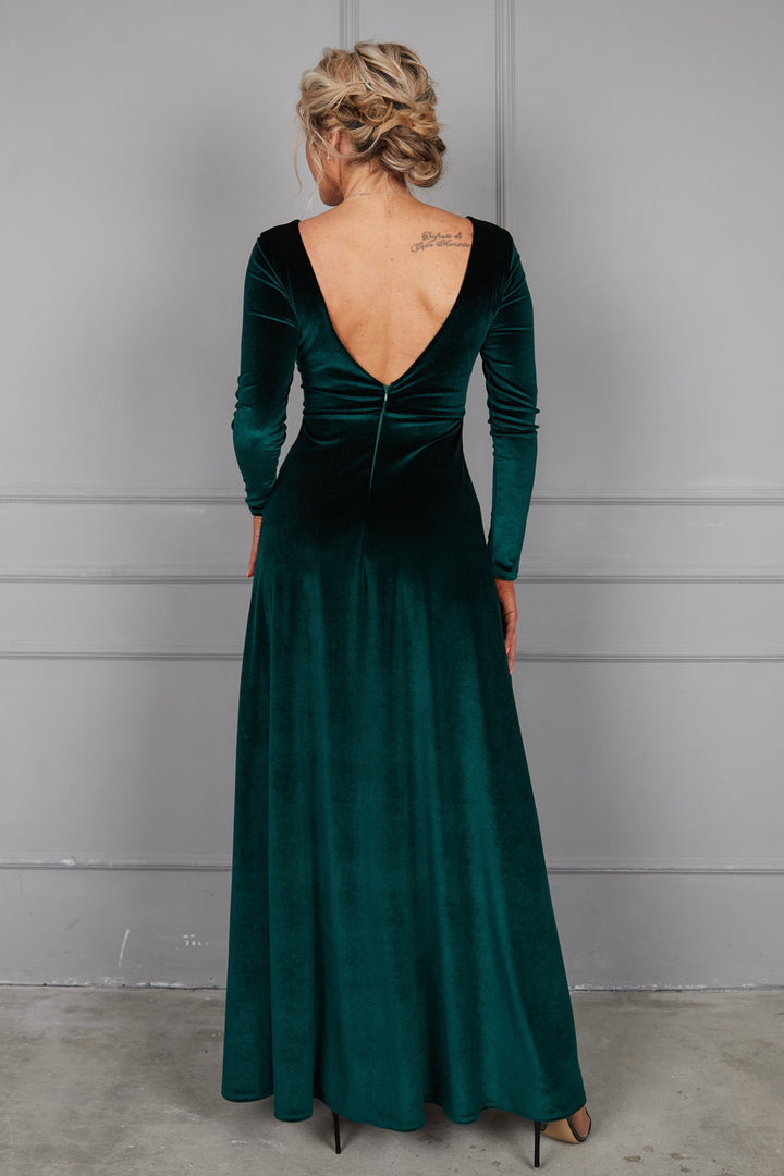 Velvet Long Sleeve Maxi Dress With Front Illusion Mesh - Balvory