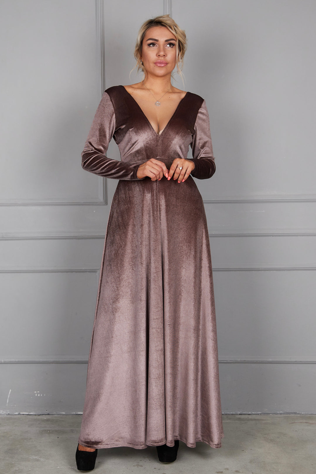 Velvet Long Sleeve Maxi Dress With Front Illusion Mesh - Balvory