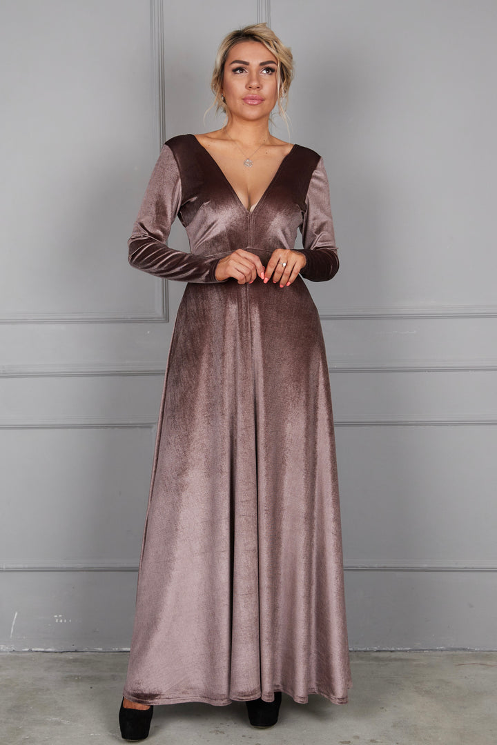 Velvet Long Sleeve Maxi Dress With Front Illusion Mesh - Balvory