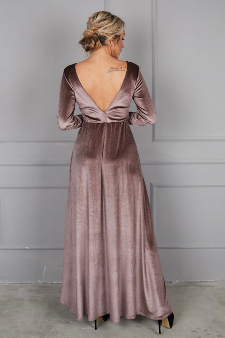Velvet Long Sleeve Maxi Dress With Front Illusion Mesh - Balvory