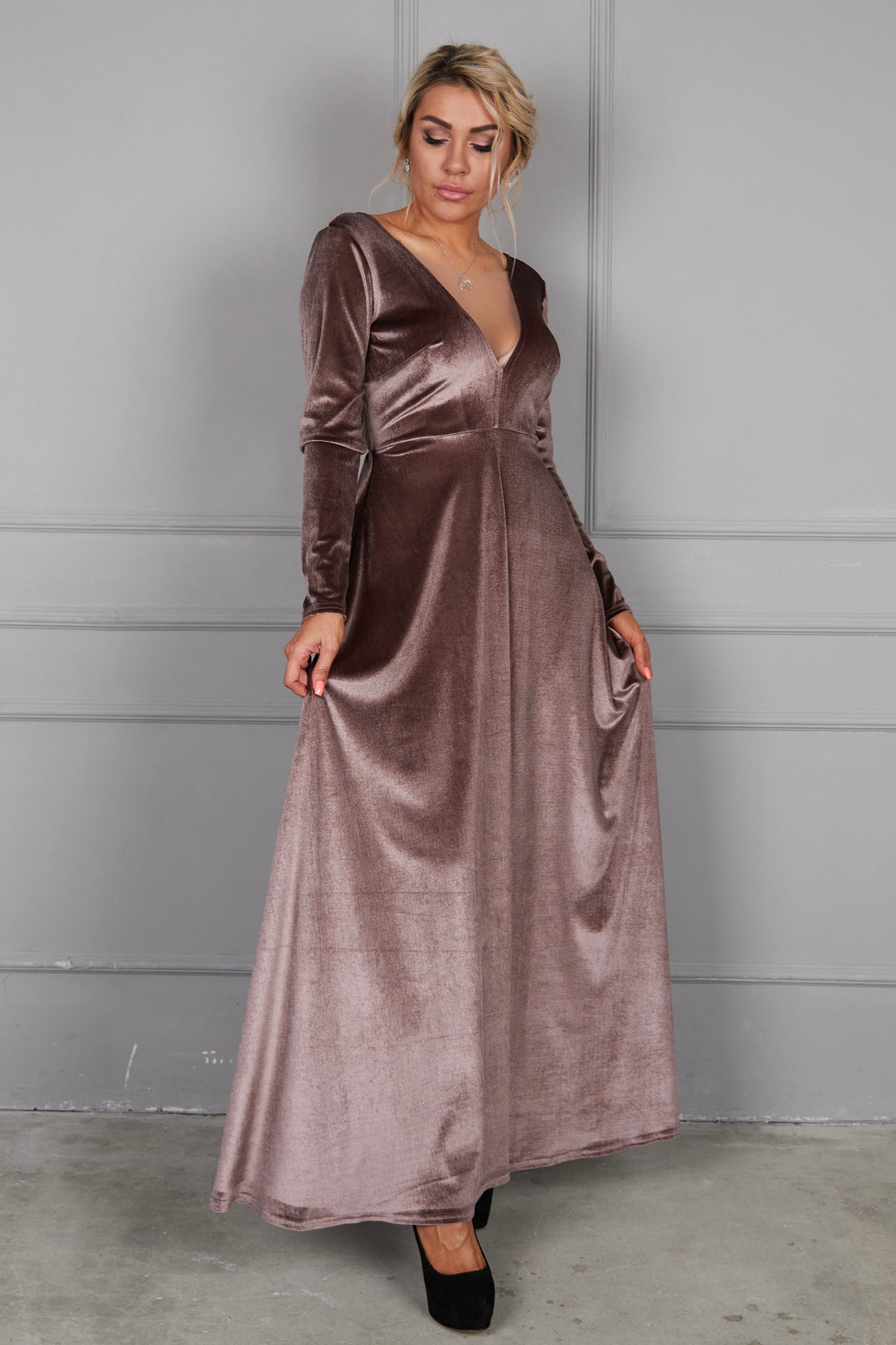 Velvet Long Sleeve Maxi Dress With Front Illusion Mesh - Balvory