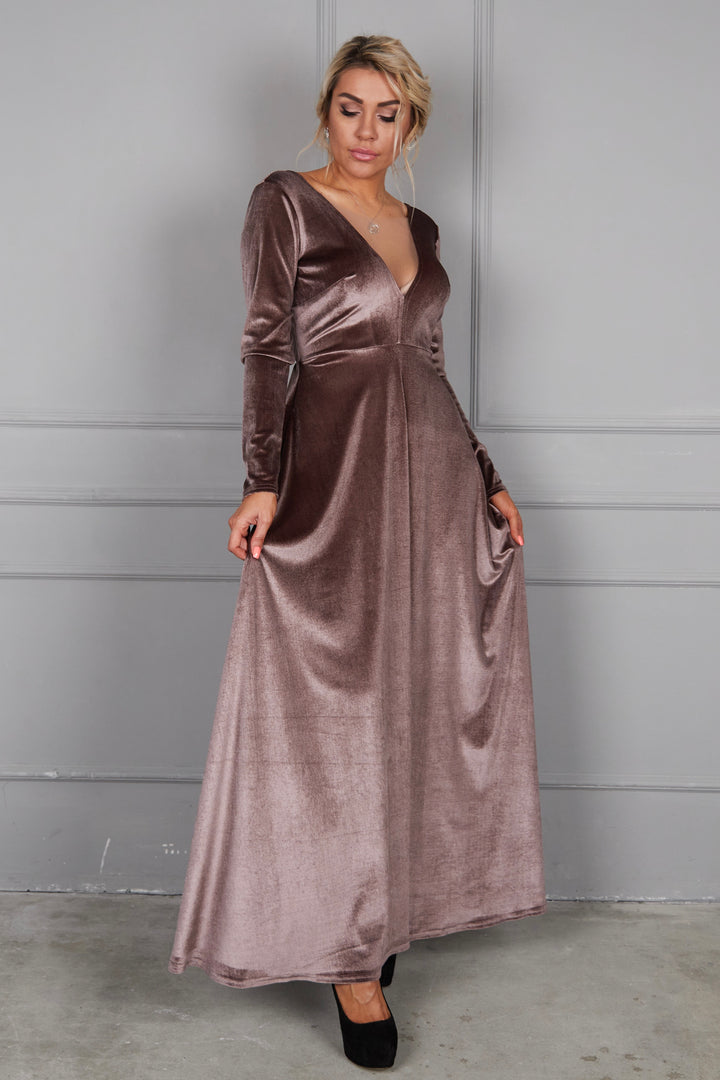 Velvet Long Sleeve Maxi Dress With Front Illusion Mesh - Balvory