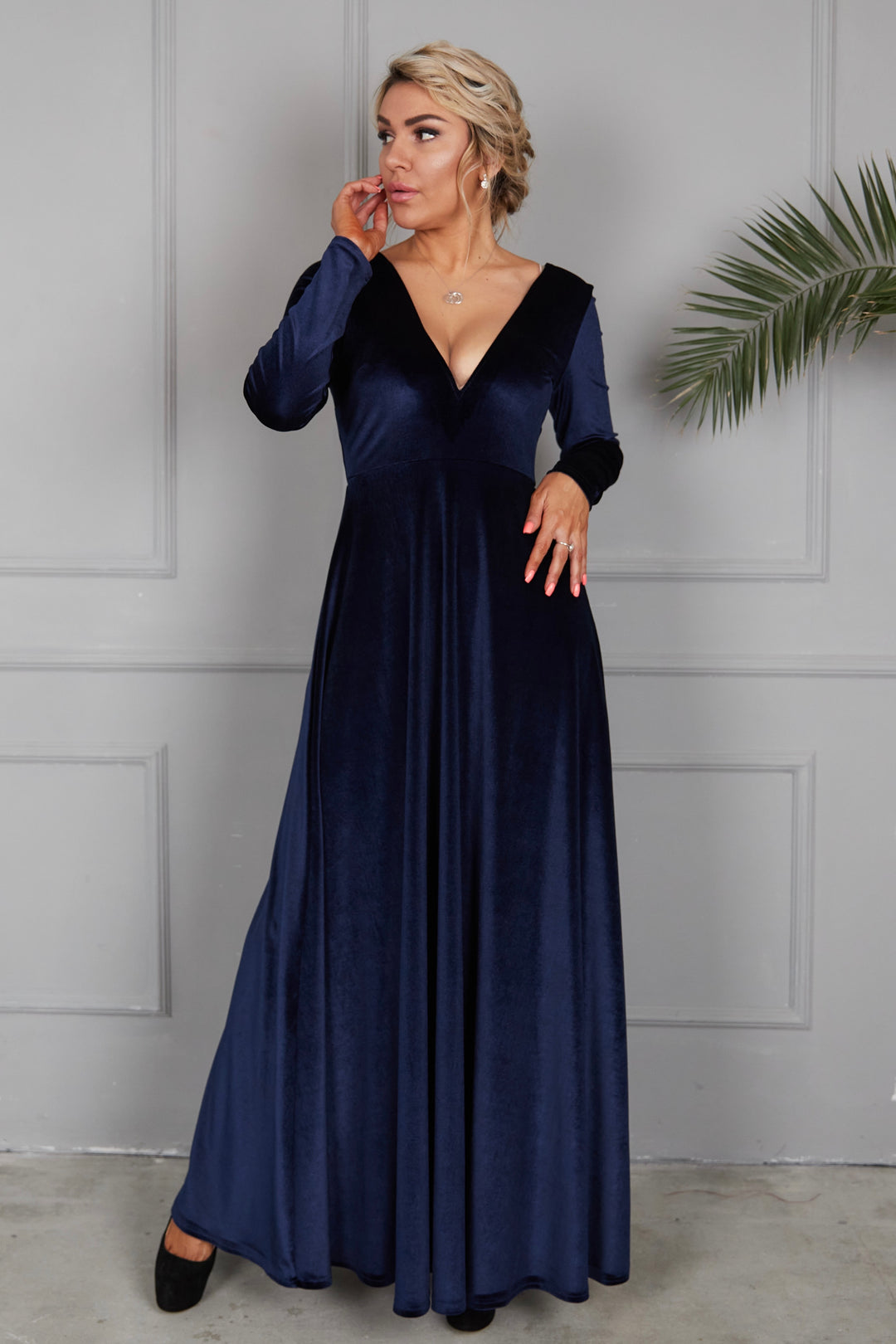 Velvet Long Sleeve Maxi Dress With Front Illusion Mesh - Balvory