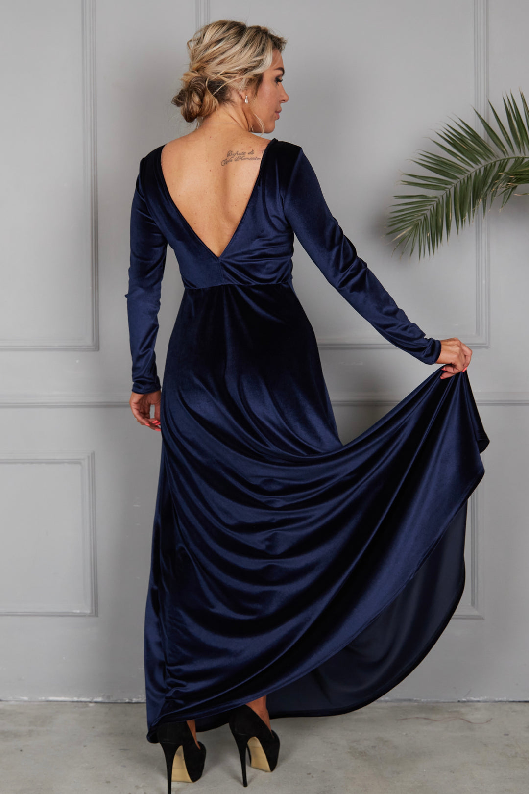 Velvet Long Sleeve Maxi Dress With Front Illusion Mesh - Balvory