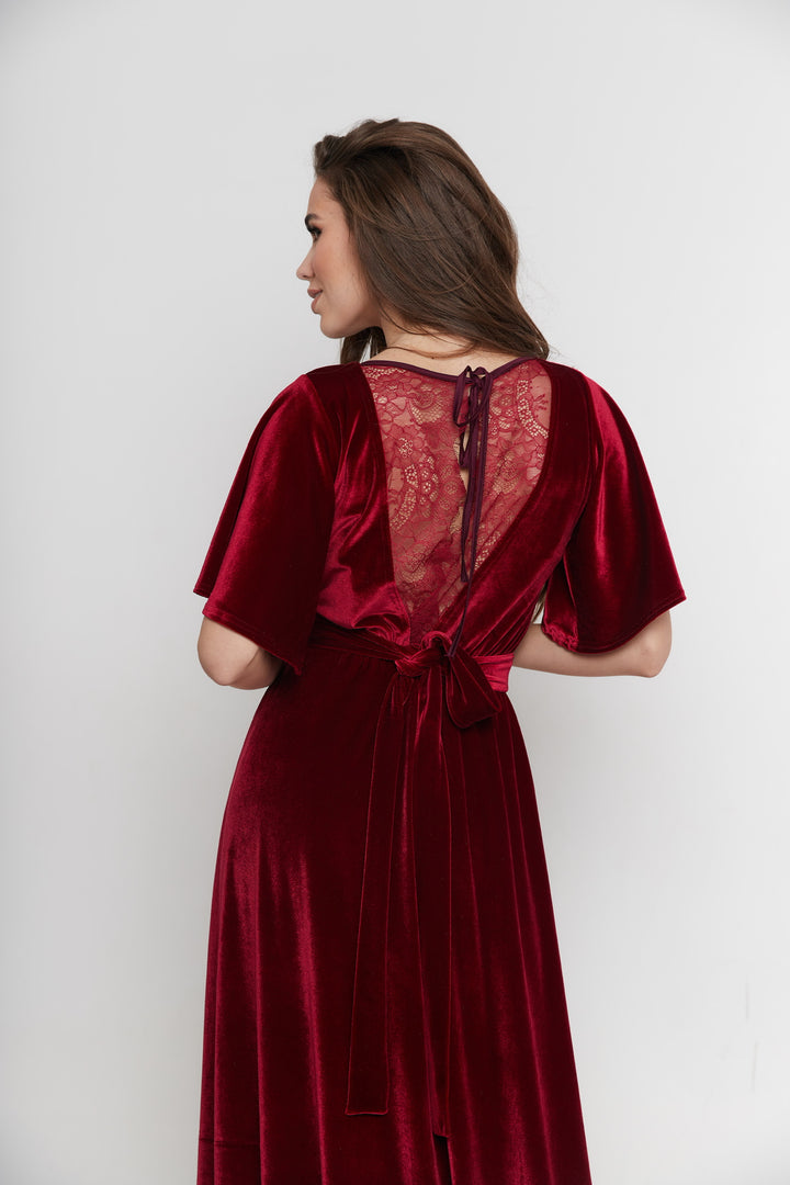 Velvet Back-Lace Gown – Elegant Maxi Bridesmaid Dress - Balvory