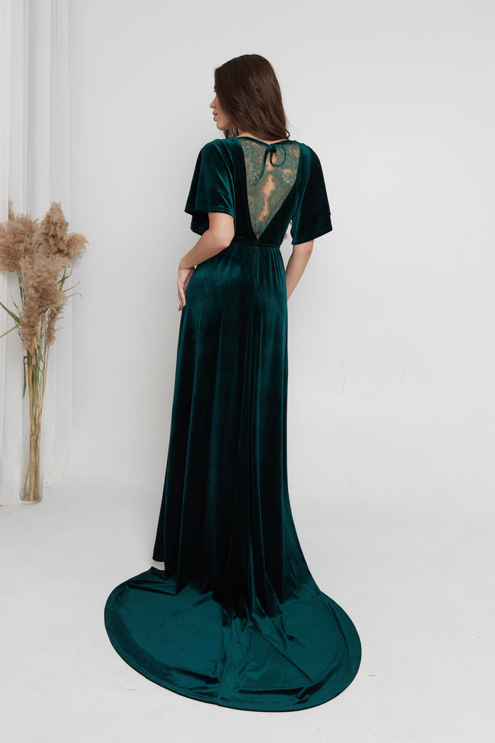Velvet Back-Lace Gown – Elegant Maxi Bridesmaid Dress - Balvory