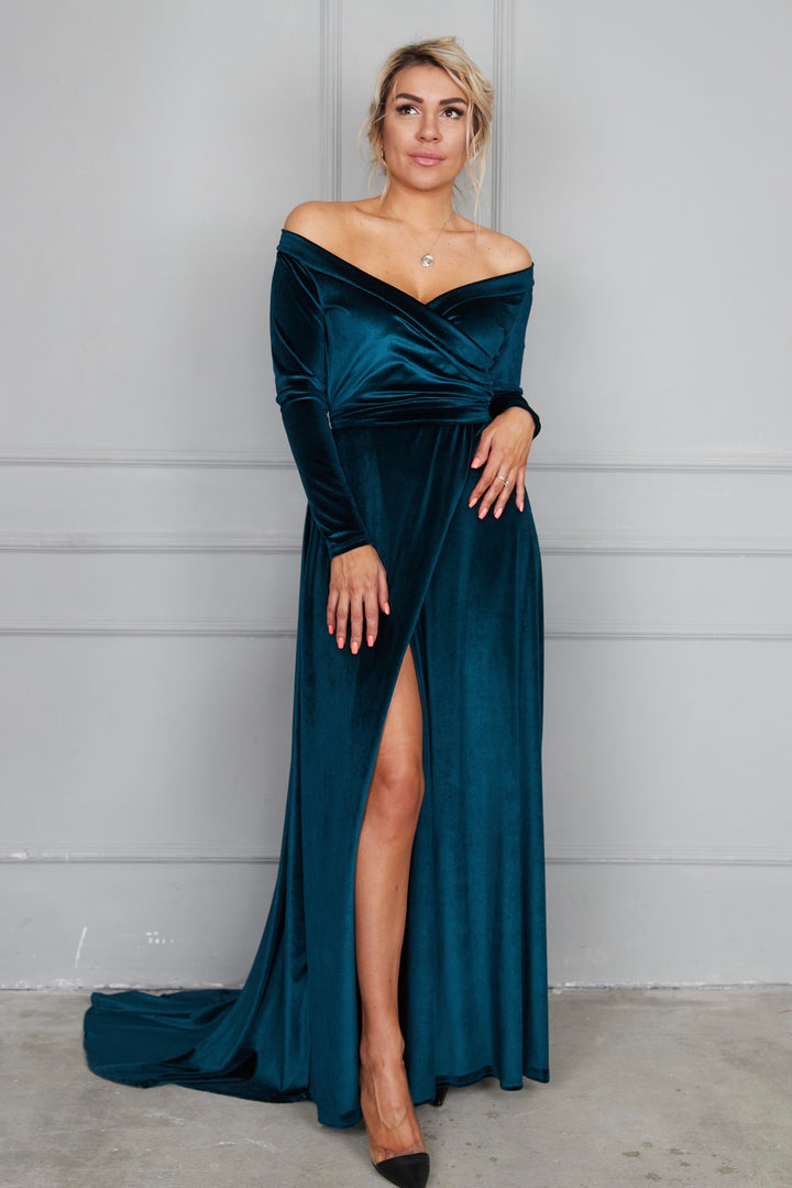 Velvet A-Line Bridesmaid Gown with Pleated Bodice and Open Back - Balvory