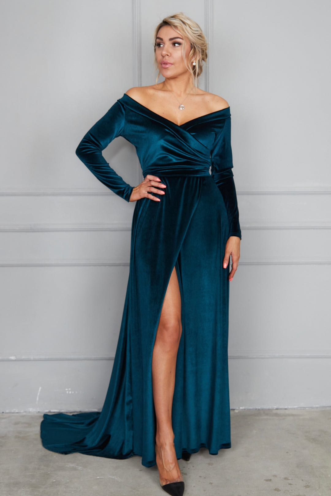 Velvet A-Line Bridesmaid Gown with Pleated Bodice and Open Back - Balvory